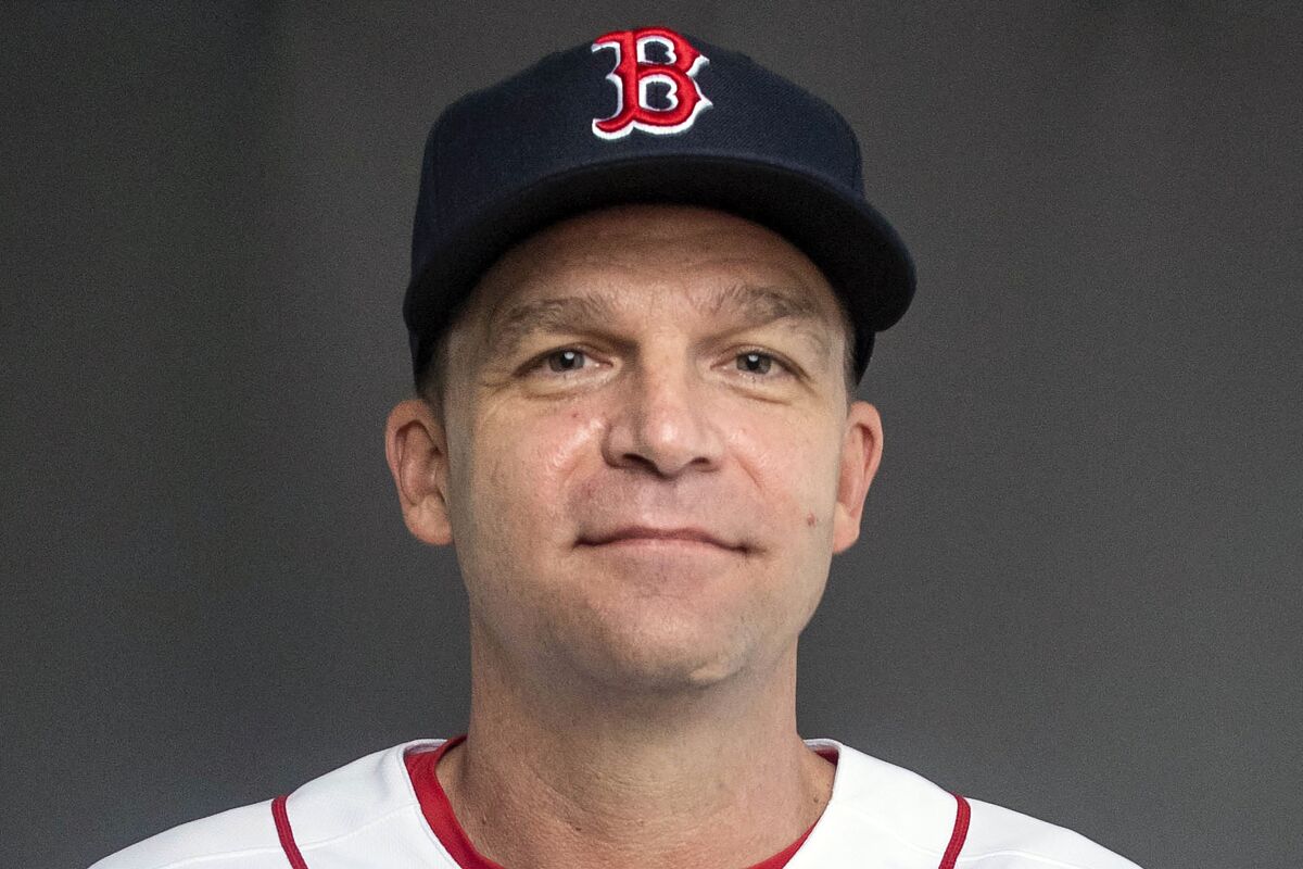 FILE - This is a 2021 photo showing Tim Hyers of the Boston Red Sox baseball team. The Texas Rangers named Tim Hyers as their hitting coach Wednesday, Nov. 10, 2021, after he spent the past four seasons in the same role for the Boston Red Sox. (Billie Weiss/MLB Photos via AP, File)