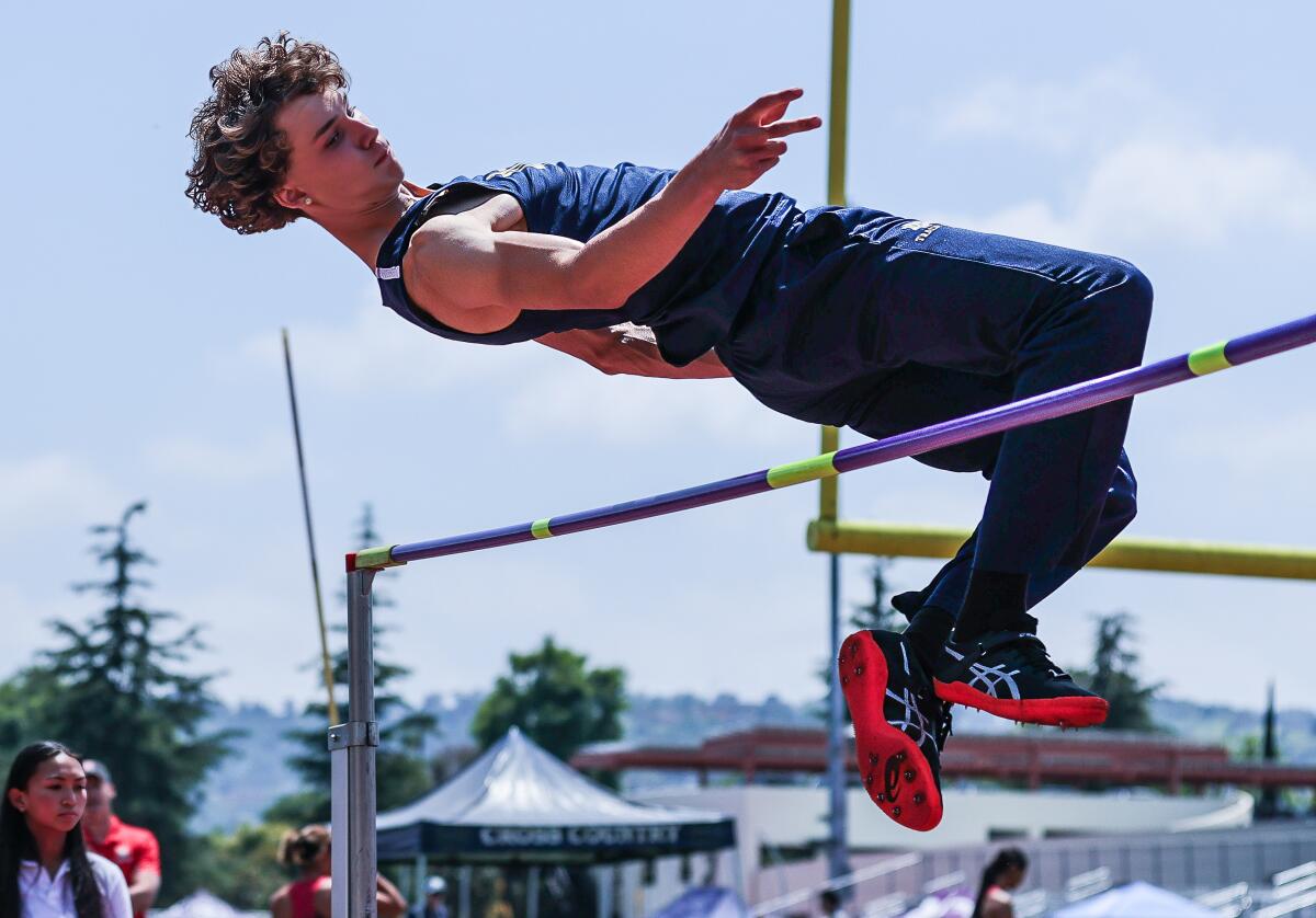 JJ Harel of Sherman Oaks Notre Dame is gearing up in the high jump. He cleared 7 feet last season.