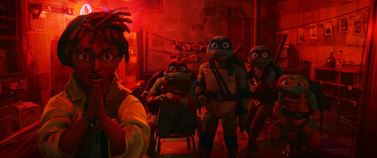 A animated young woman with the Teenage Mutant Ninja Turtles behind her