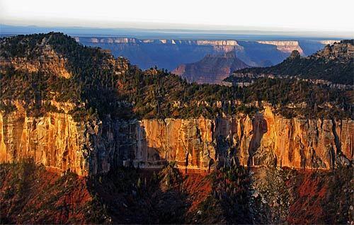 The geological past is neatly layered -- Kaibab limestone, Coconino sandstone and hermit shale -- on the North Rim of the Grand Canyon. Travelers to the remote Powell Plateau on the North Rim will find solitude, some of the finest panoramic views in the canyon and -- if the timing is right -- spectacular fall foliage.