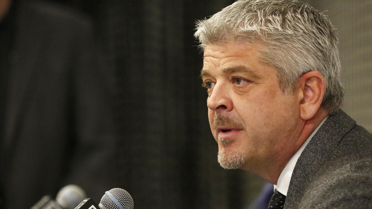 Todd McLellan addresses the media at a news conference after his introduction as Kings coach on April 17 at the Toyota Sports Center in El Segundo.