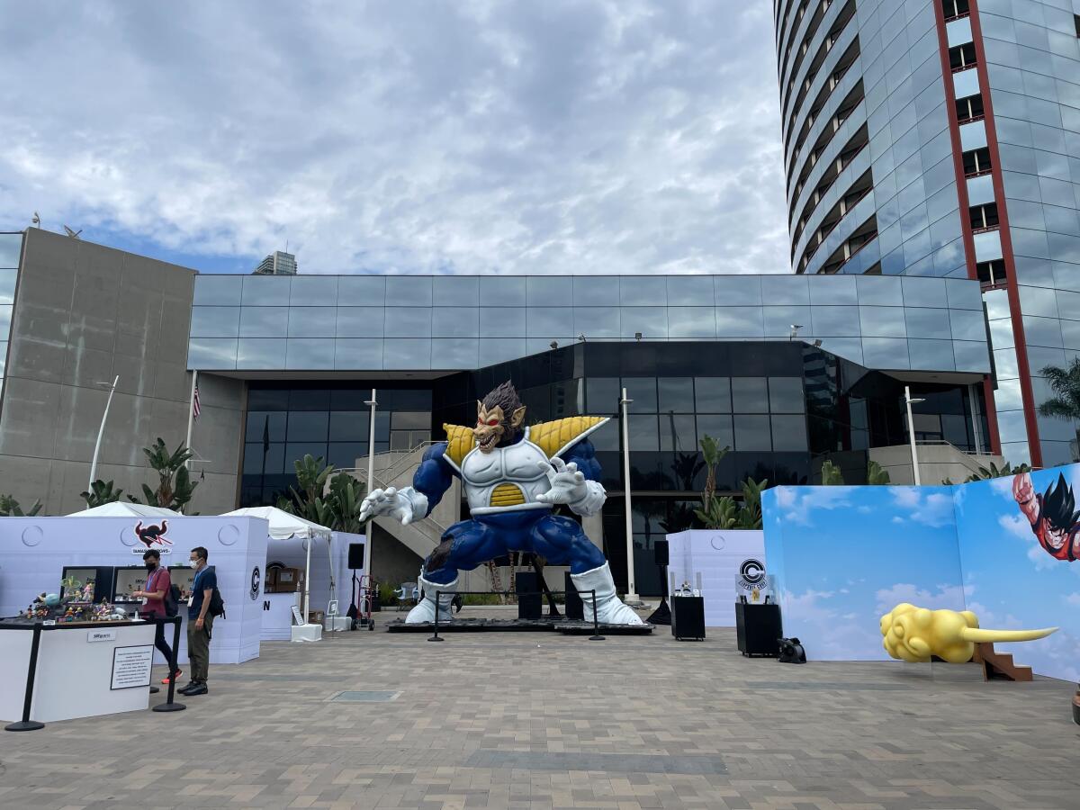 A giant statue of the 'Dragon Ball Z' character Great Ape Vegeta behind the Marriott Marquis San Diego Marina.