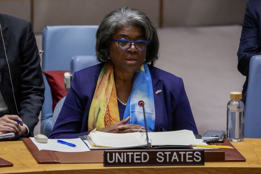 Linda Thomas-Greenfield, Representative of the United States to the United Nations, speaks during a Security Council meeting, Thursday, Feb. 23, 2023, at United Nations headquarters. (AP Photo/John Minchillo)