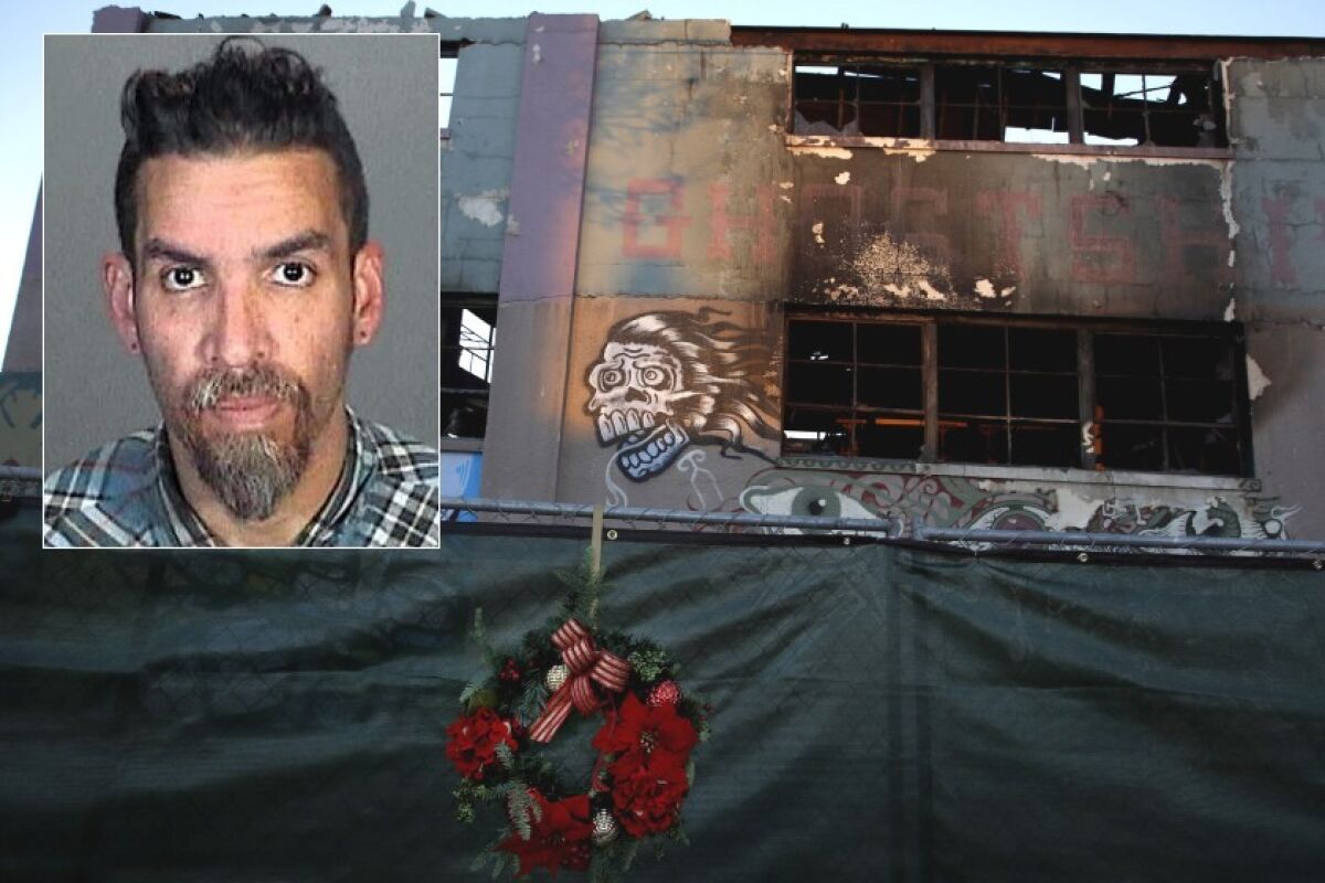 A deadly fire gutted an Oakland artists loft called the Ghost Ship in 2016. Derick Almena (inset) was the master tenant on the lease.