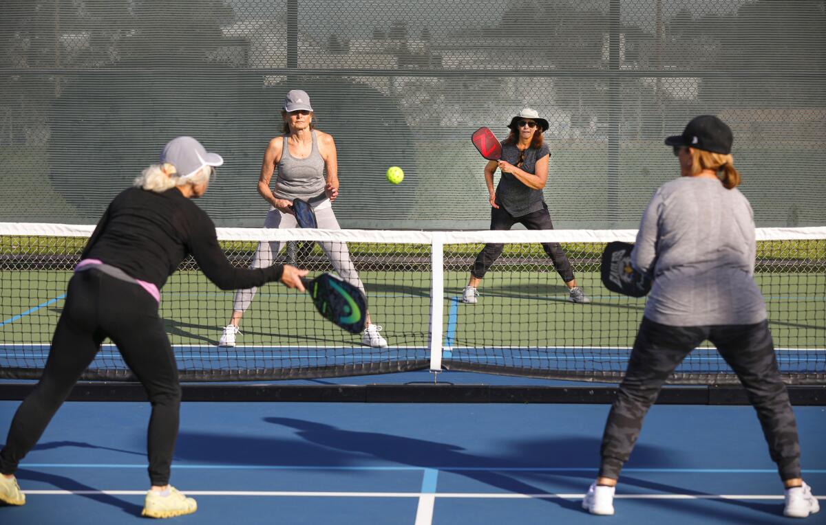 Women play pickleball at the Lawrence Family Jewish Community Center in La Jolla.
