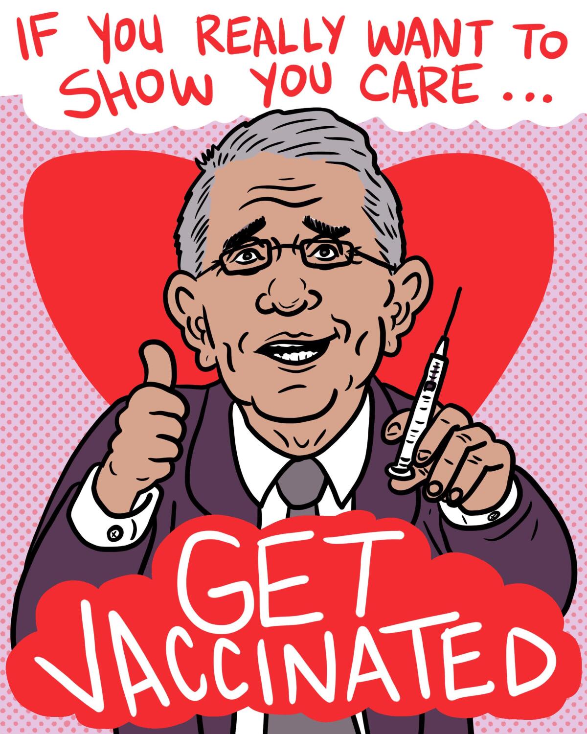 A Valentine's Day card with an illustration of Dr. Anthony Fauci holding a syringe while giving a thumbs-up.