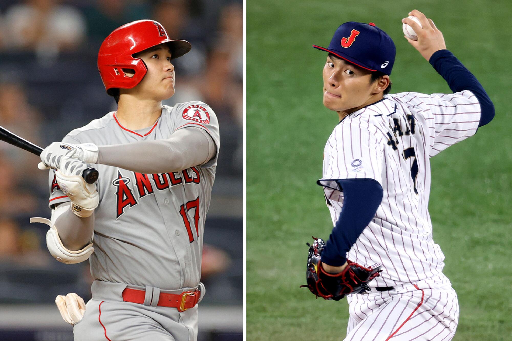 Shohei Ohtani hits a home run, and Yoshinobu Yamamoto throws from the mound