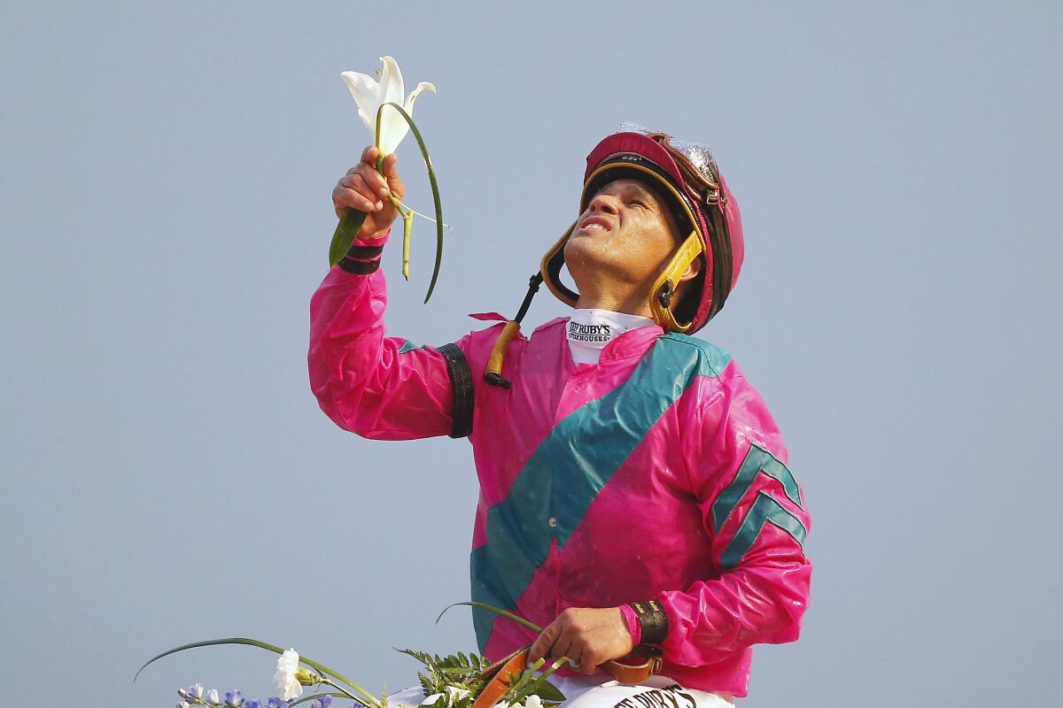 HALLANDALE, FLORIDA - JANUARY 26: Jockey Javier Castellano celebrates atop City of Light #3 after winning the Pegasus World Cup Championship at Gulfstream Park on January 26, 2019 in Hallandale, Florida. (Photo by Michael Reaves/Getty Images)