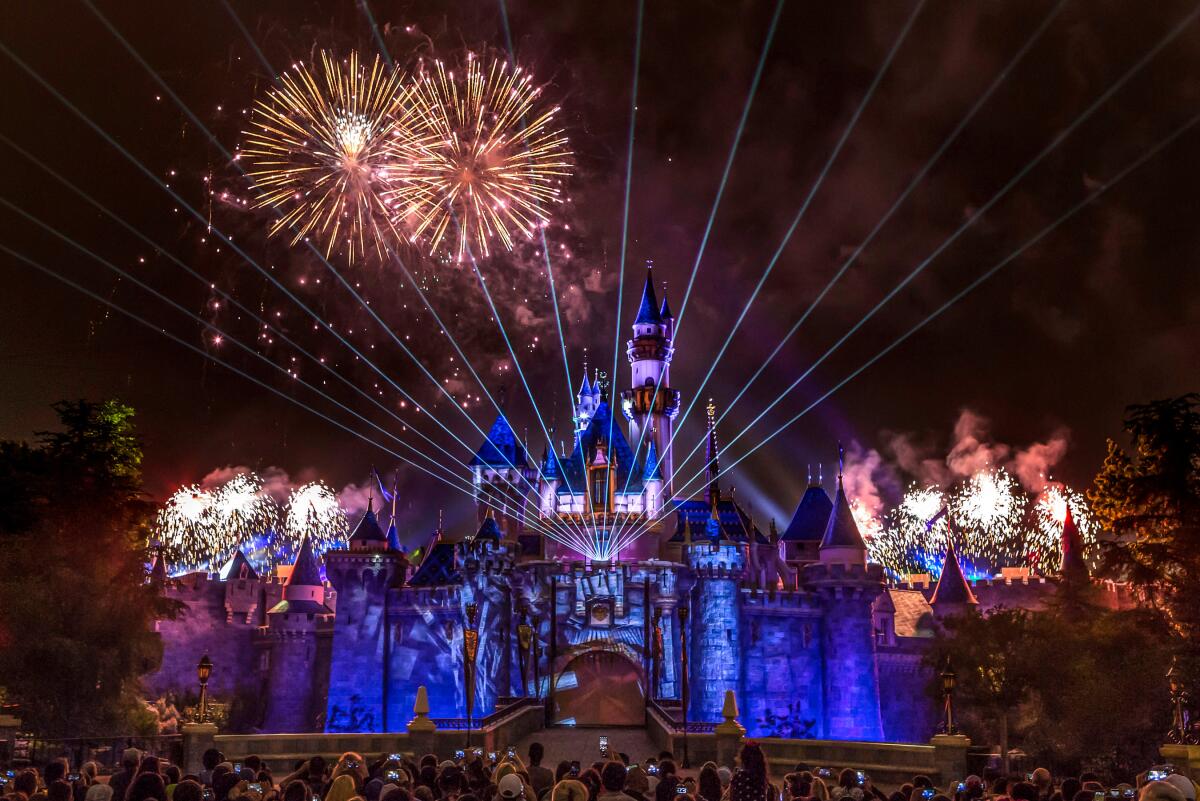 Sleeping Beauty's Castle at Disneyland is framed by a fireworks show. 