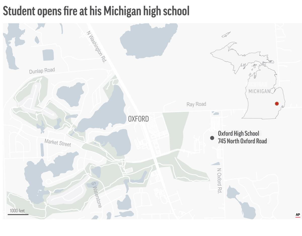 A map showing where Oxford High School is in Michigan. 
