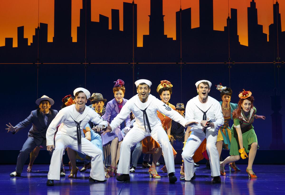 Clyde Alves, front left, Tony Yazbeck and Jay Armstrong Johnson appear during a performance of "On the Town," at the Lyric Theatre in New York.