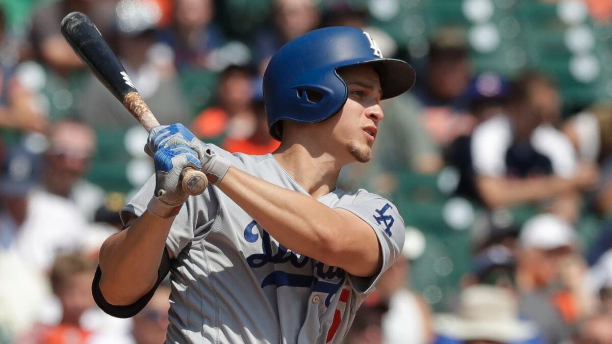 The Dodgers' Corey Seager bats against the Detroit Tigers on Aug. 20.