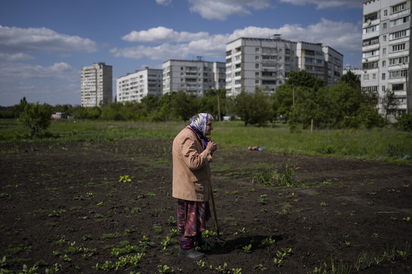 Lyudmila, de 85 años, cuida un jardín en Járkiv, en el este de Ucrania, el 23 de mayo de 2022.