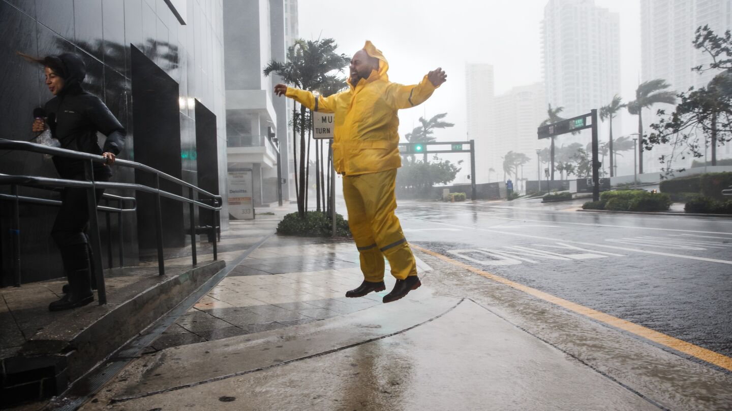 Weather reporters in downtown Miami jump and cling on to illustrate the force of the winds caused by Hurricane Irma.