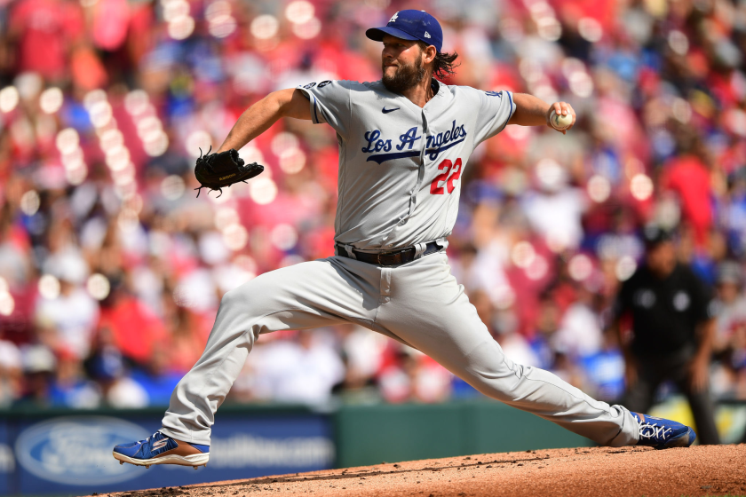 CINCINNATI, OHIO - SEPTEMBER 19: Clayton Kershaw #22 of the Los Angeles Dodgers pitches in the first inning.