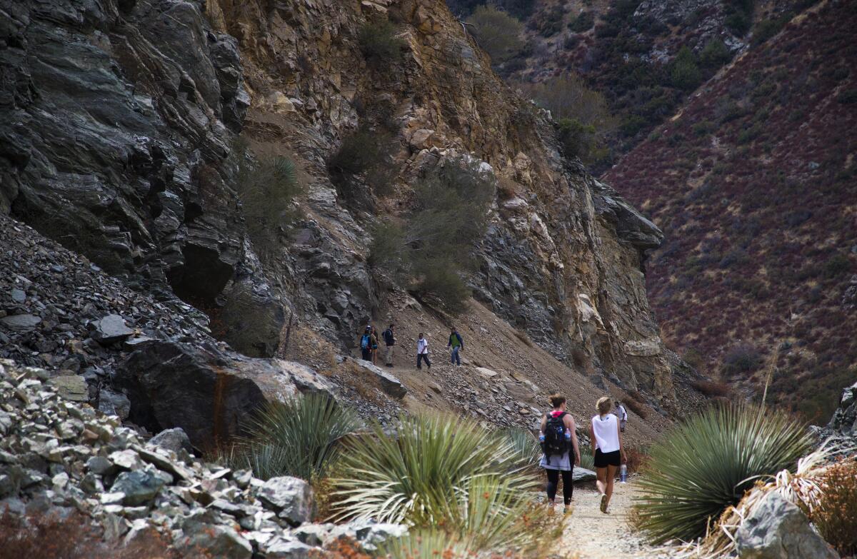 Hikers on the Bridge to Nowhere Trail in the San Gabriel Mountains