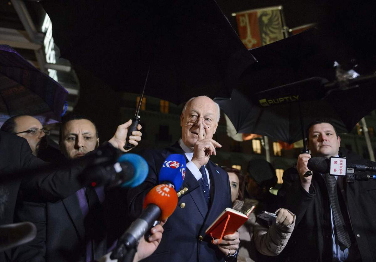 Staffan de Mistura, the United Nations special envoy for Syria, announces a "temporary pause" in peace talks on Feb. 3, 2016, in Geneva.