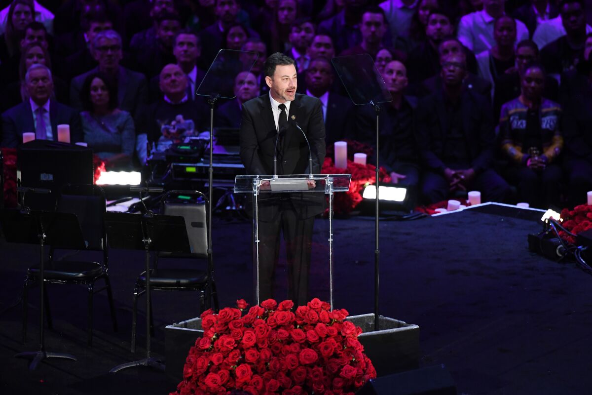 Jimmy Kimmel speaks at Kobe and Gianna Bryant's memorial at Staples Center on Monday.