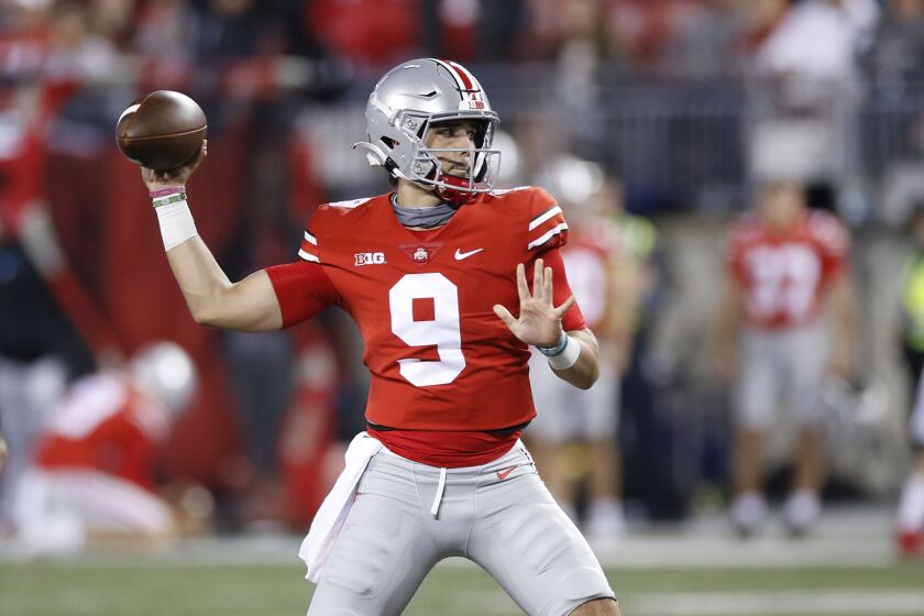 Then-Ohio State quarterback Jack Miller plays against Akron during an NCAA college football game, Sept. 25, 2021, in Columbus, Ohio. Miller will make his first collegiate start when the Florida Gators play 17th-ranked Oregon State in the Las Vegas Bowl. Miller transferred from Ohio State last December. Coach Billy Napier's quarterback shuffle comes three days after standout Anthony Richardson left the school early to start preparing for the NFL combine. (AP Photo/Jay LaPrete)