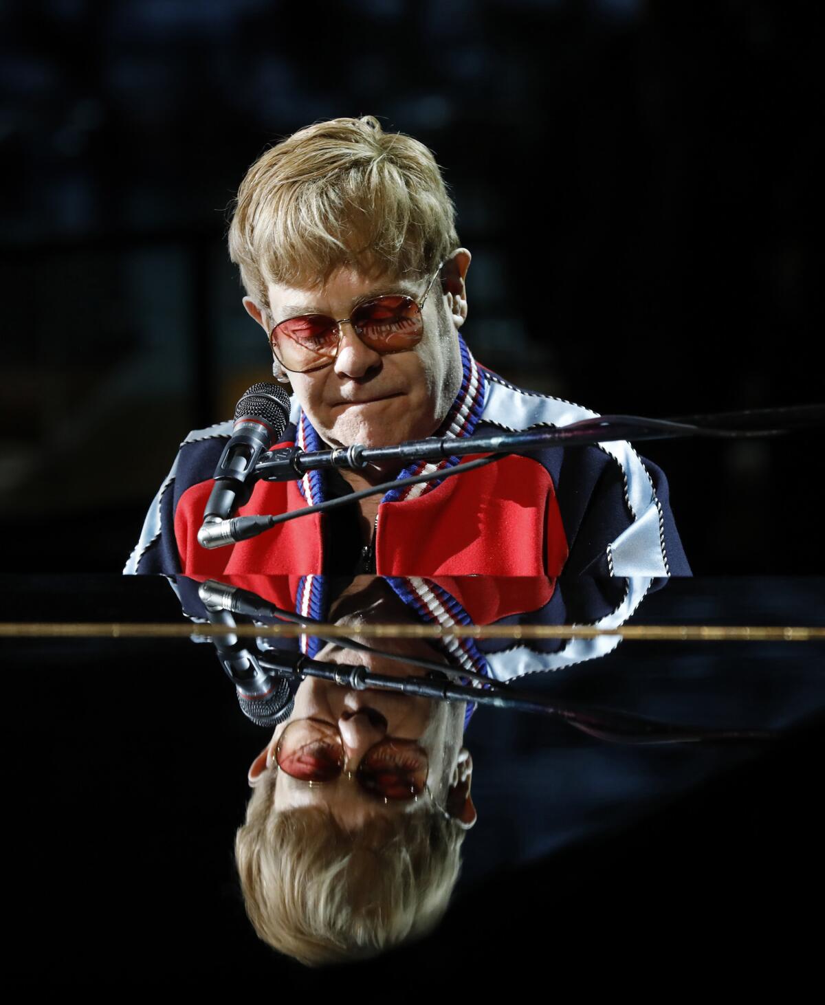 Elton John rehearses for the 60th Grammy Awards show at Madison Square Garden.