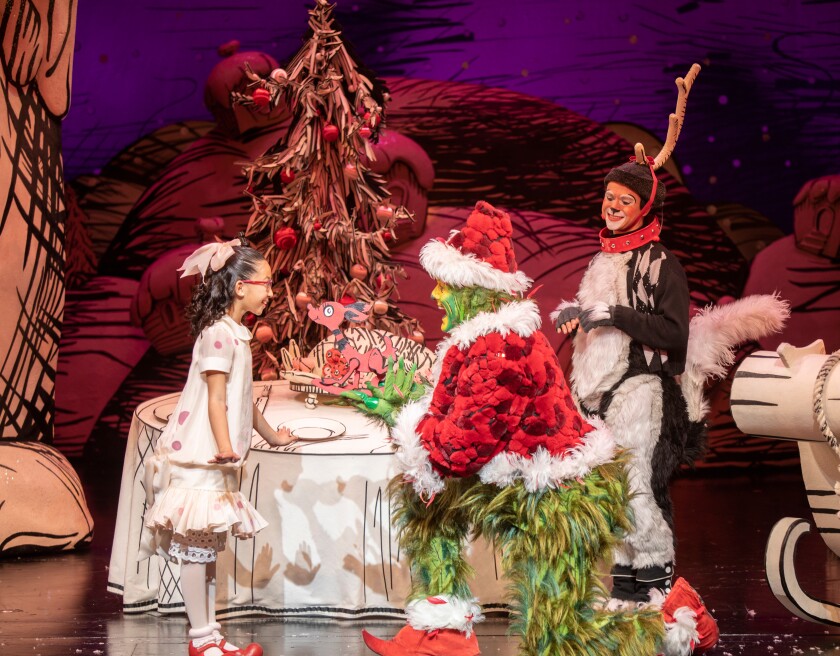 Sophia Adajar, Edward Watts and Tommy Martinez star in The Old Globe's "Dr. Seuss's How the Grinch Stole Christmas!"