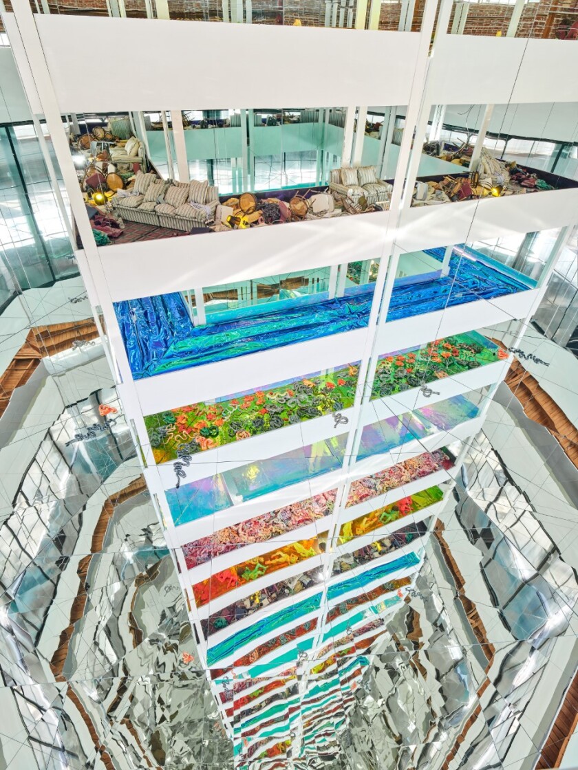 An artwork that makes it seem like youre peering down into a skyscraper