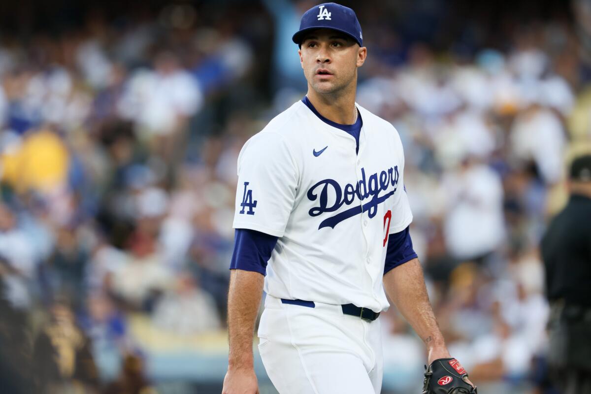 LOS ANGELES, CALIFORNIA - OCTOBER 06: Jack Flaherty #0 of the Los Angeles Dodgers walks off the field 