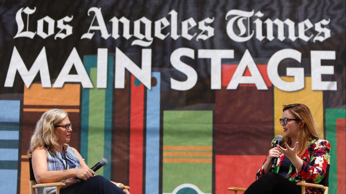 LA Times editorial writer Mariel Garza, left, speaks in conversation with Amber Tamblyn, author of "Era of Ignition: Coming of Age in a Time of Rage and Revolution," during the annual Los Angeles Times Festival of Books at USC.
