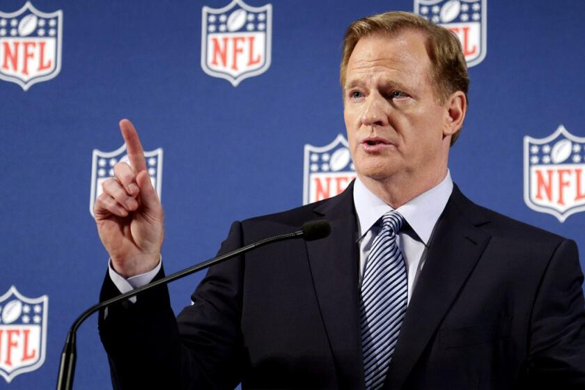 NFL Commissioner Roger Goodell takes a question from a reporter during a 45-minutes news conference on domestic violence last week.