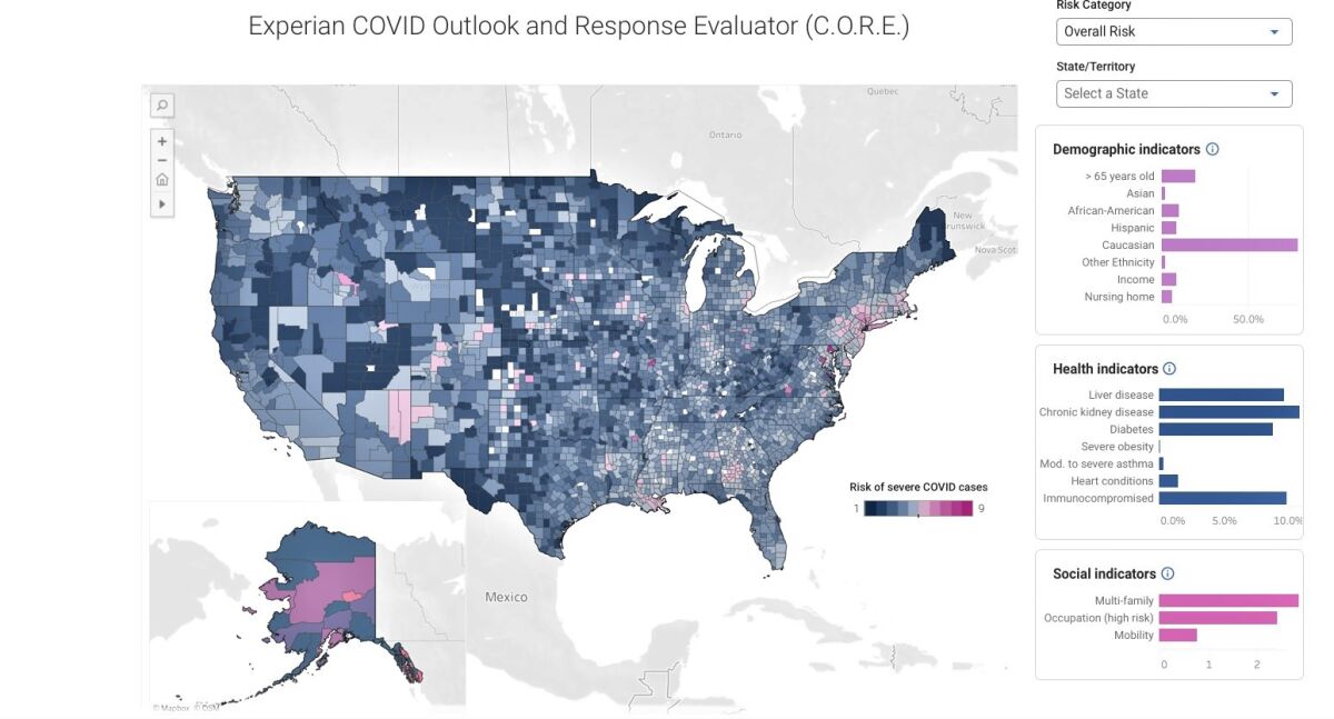 Experian's Interactive U.S. map showing populations susceptible to developing severe cases of COVID-19.