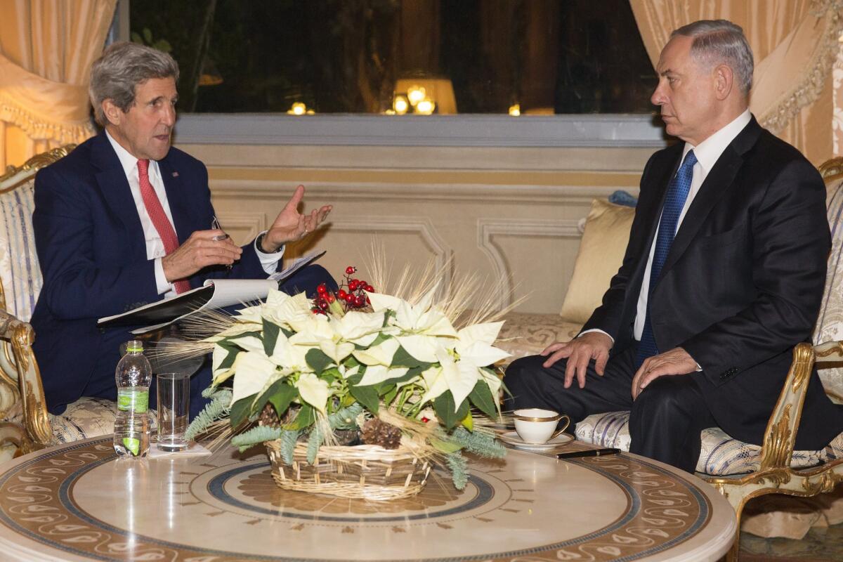 Secretary of State John Kerry meets with Israel Prime Minister Benjamin Netanyahu at Villa Taverna, Rome, on Monday.