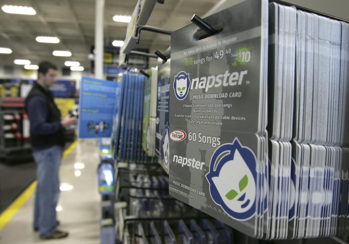 Napster gift cards on display. The investigation into a Calabasas accident, in which a former Napster executive was fatally hit by an L.A. County sheriff's patrol car while riding a bike, continues more than a month later.