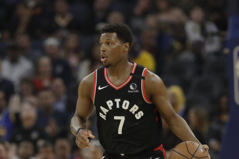 Toronto Raptors guard Kyle Lowry (7) against the Golden State Warriors during an NBA basketball game in San Francisco, Thursday, March 5, 2020. (AP Photo/Jeff Chiu)