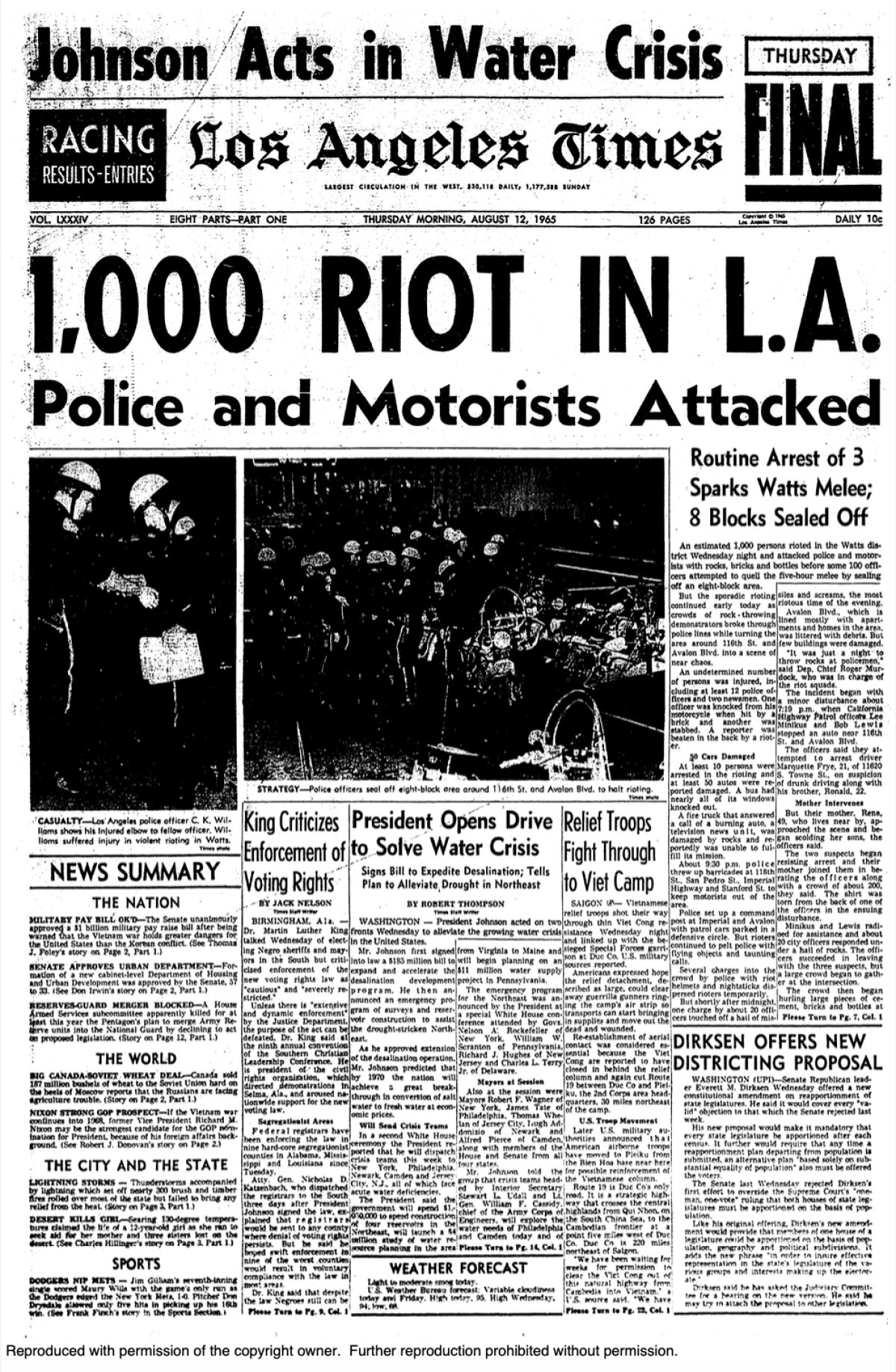 Watts riots coverage on the front page of the Los Angeles Times