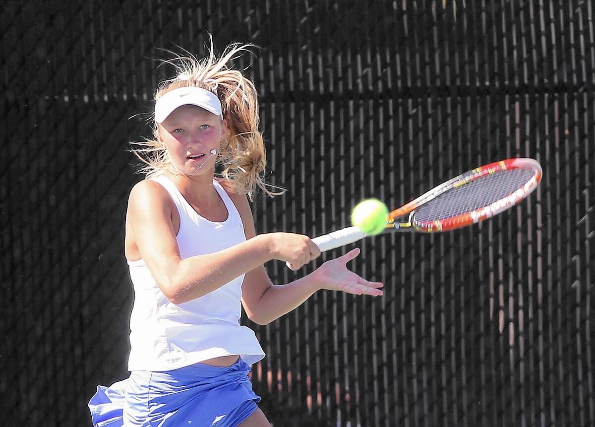 Corona del Mar High's Danielle Willson, pictured here during a match earlier this season, advanced to the round of 16 in the CIF Southern Section Individuals tournament.