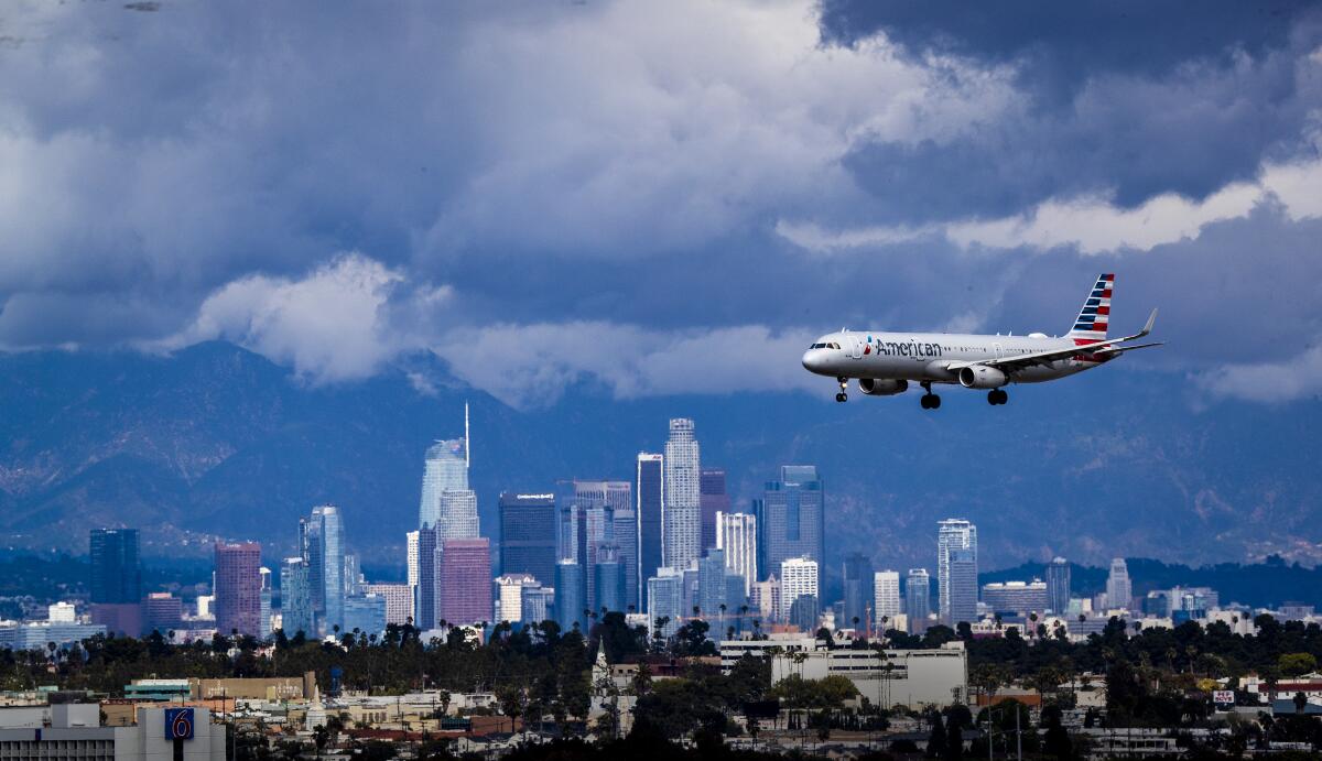 American Airlines plane over Los Angeles