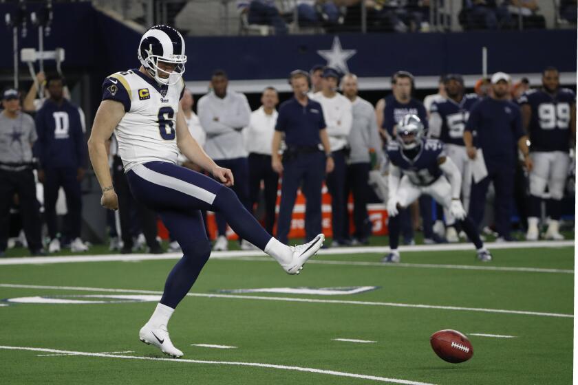 FILE - In this Dec. 15, 2019 file photo Los Angeles Rams punter Johnny Hekker kicks an onside kick during an NFL football game against the Dallas Cowboys in Arlington, Texas. The NFL is considering adding a “booth umpire” and a senior technology advisor to the referee to assist the officiating crew. The league also is looking at other rules changes, including an alternative to the onside kick. NFL clubs received a list of potential rules changes on Thursday, May 21, 2020. (AP Photo/Roger Steinman, file)
