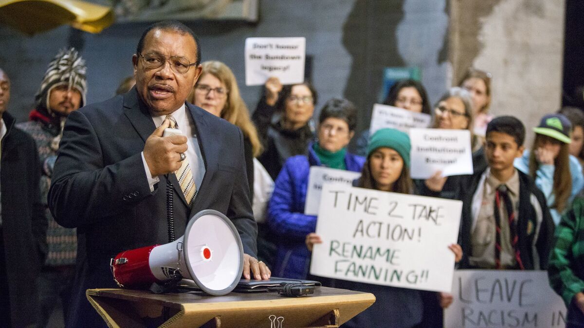 Fred Calhoun, education chairman of the Orange County NAACP, speaks during a rally Jan. 14 in support of changing the name of William E. Fanning Elementary in Brea.