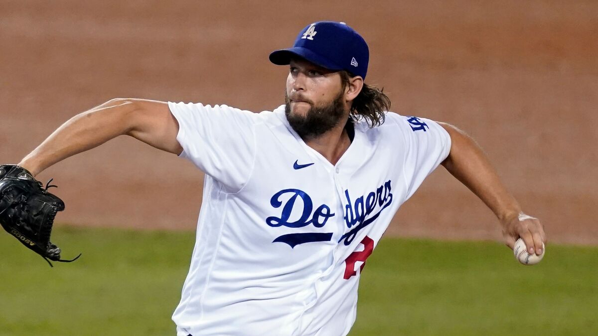 Dodgers starter Clayton Kershaw pitches against the Milwaukee Brewers on Oct. 1 in Los Angeles. 