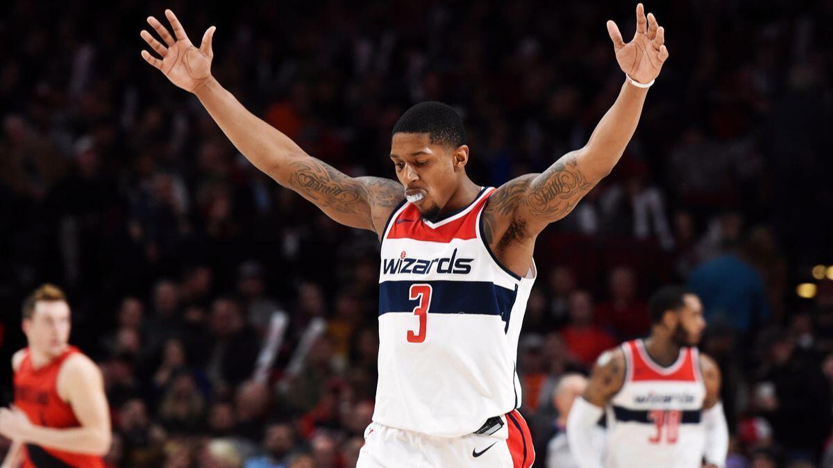 Washington Wizards guard Bradley Beal reacts after hitting a shot during the second half against the Portland Trail Blazers on Tuesday. Beal scored 51 points as the Wizards won, 106-92.
