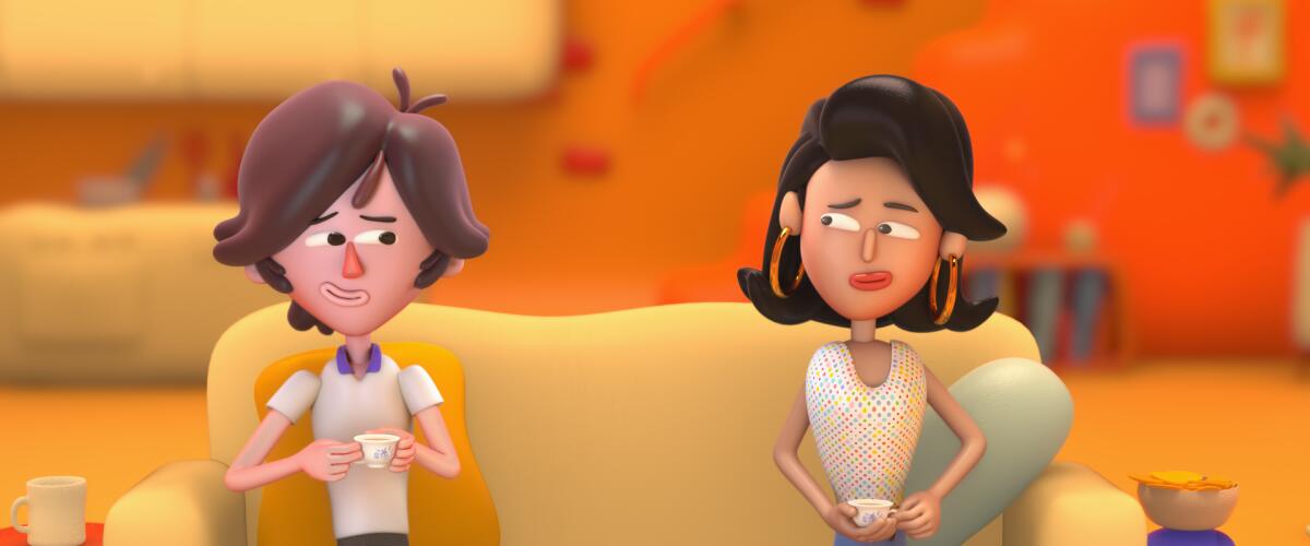 two animated women sits on a couch