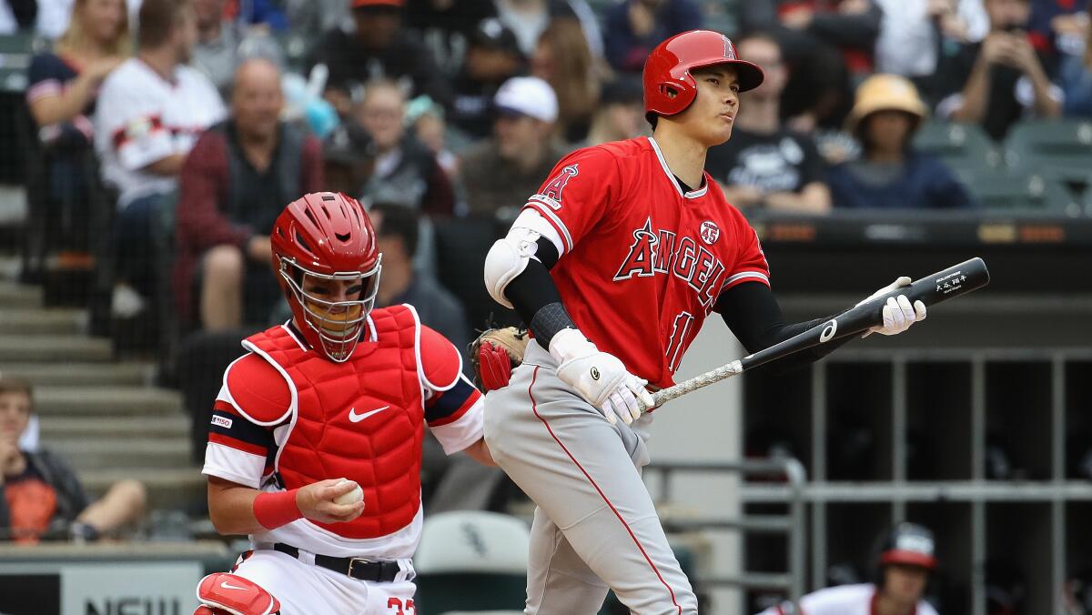Angels designated hitter Shohei Ohtani strikes out during the fifth inning of a 5-1 loss to the Chicago White Sox on Sunday.