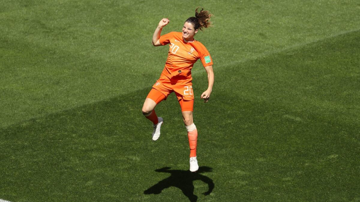 Dominique Bloodworth of the Netherlands celebrates after scoring against Cameroon on Saturday. The Netherlands hopes to enter the round of 16 undefeated with a victory over Canada on Thursday.