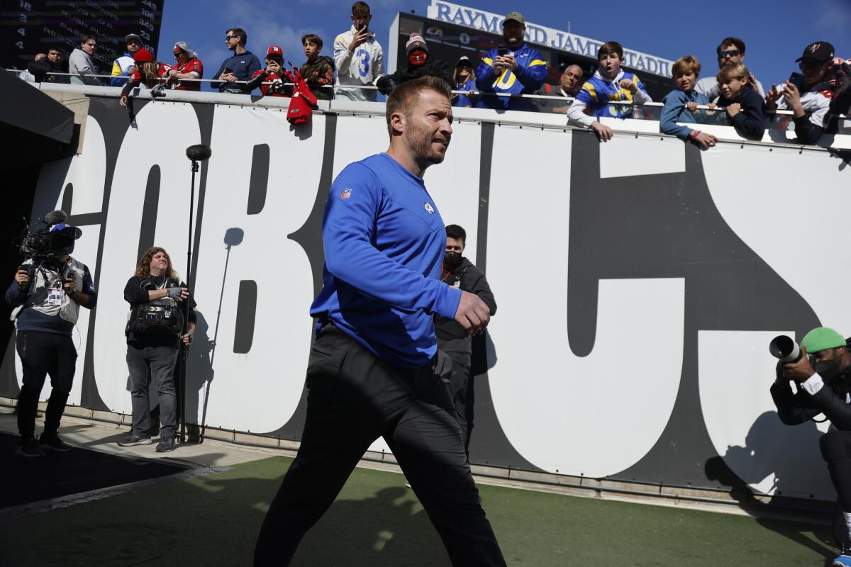 Rams coach Sean McVay enters the field before the NFC divisional playoff game in Tampa.