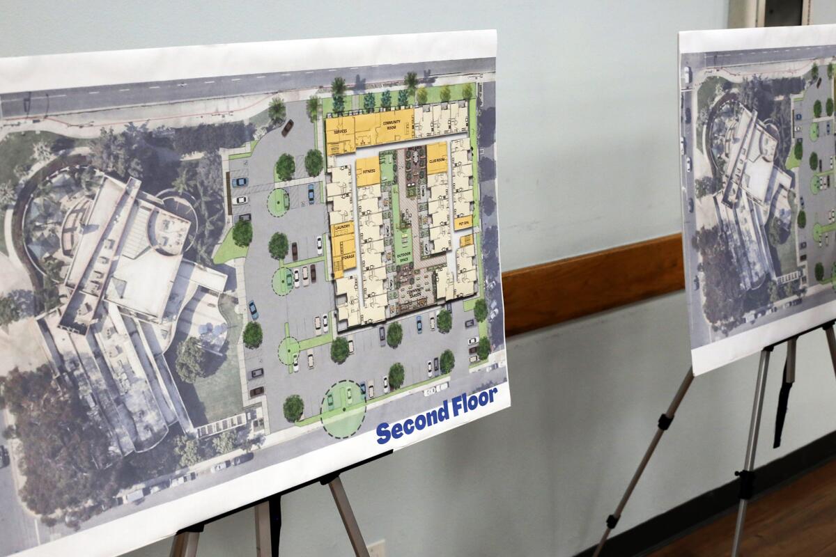 Diagrams show how an affordable housing project for seniors might be situated on the Costa Mesa Senior Center's parking lot.
