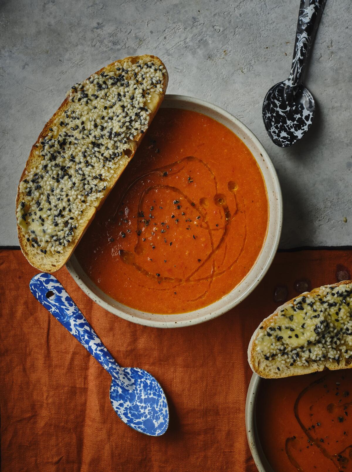 Fiery Tomato Soup With Sesame-Seed Butter Toast