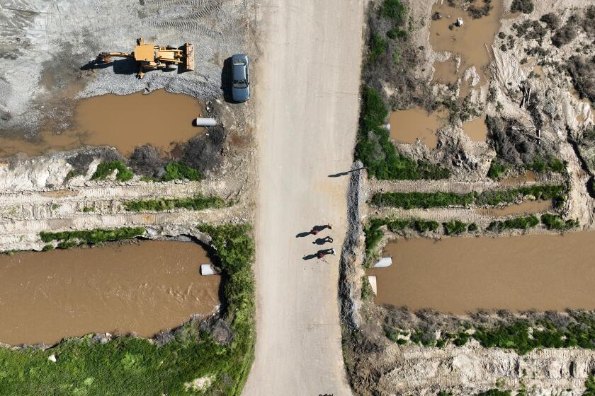 Allensworth, CA, Saturday, March 18, 2023 - Allensworth residents walk past a levy they worked to fortify instead of waiting for government agencies to prevent floodwaters from inundating their community. (Robert Gauthier/Los Angeles Times)