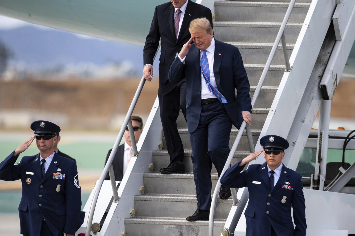 President Trump and House Minority Leader Rep. Kevin McCarthy disembark from Air Force One at Los Angeles International Airport.