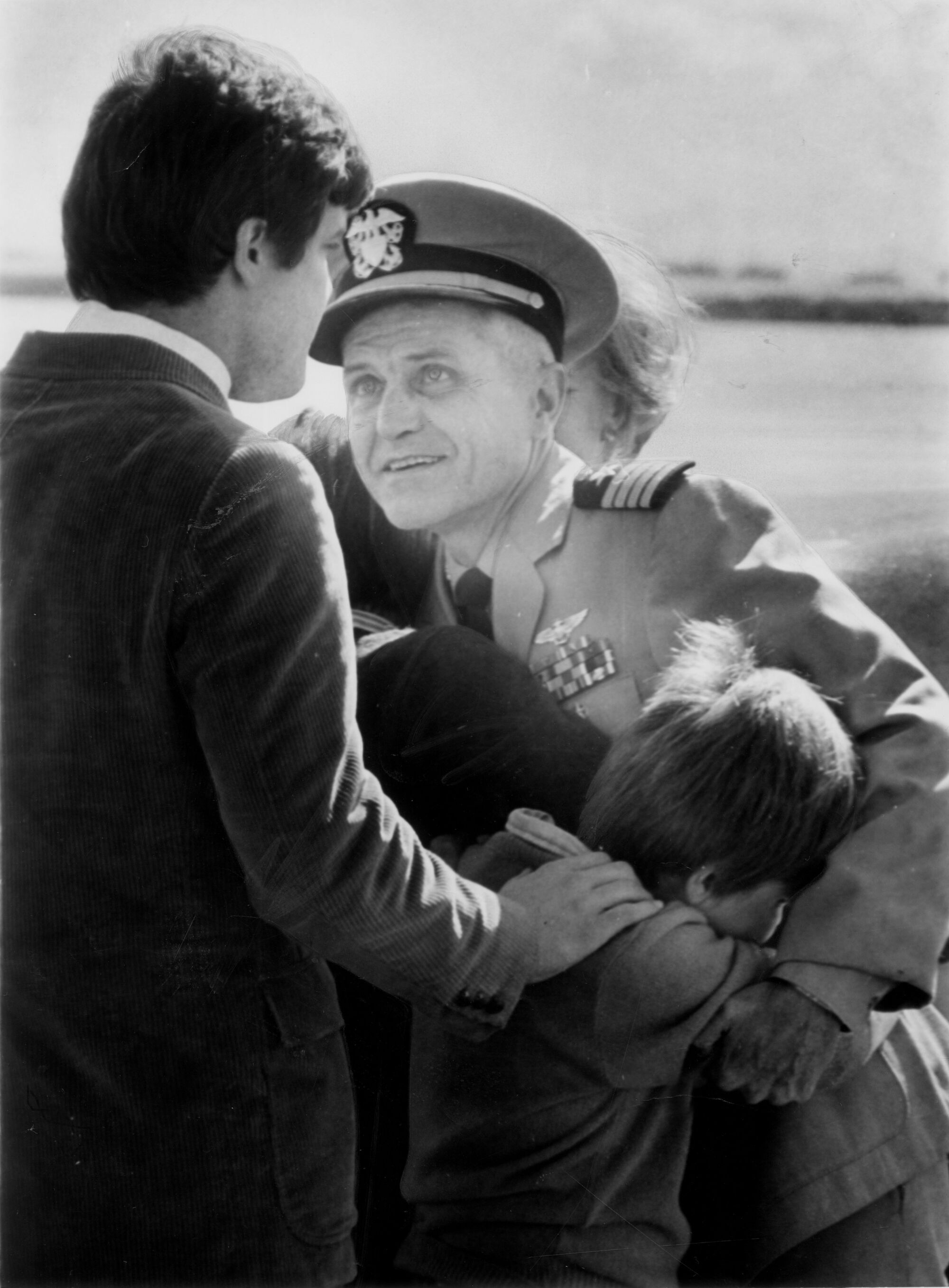 02/15/1973: Capt. James B. Stockdale greets his family after arrival at Miramar Naval Air Station.
