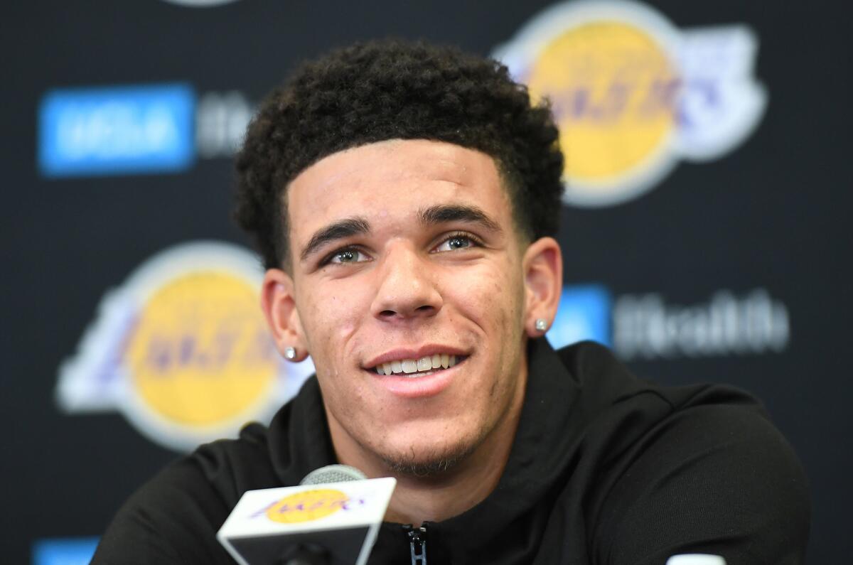 Lakers first-round draft pick Lonzo Ball addresses the media during his introductory news conference at the team's training facility in El Segundo on June 23.